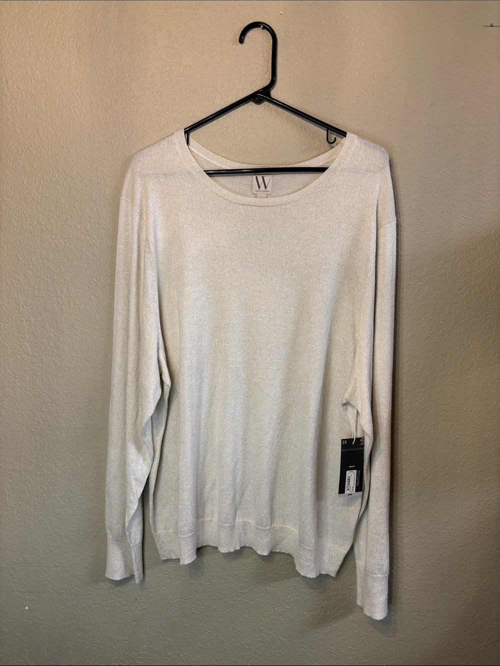 New Worthington Sweater Women’s Ivory Gold Shine Crew Neck Casual Classic Top 2X
